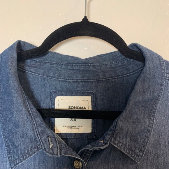 Sonoma Blue Denim Dress 3X Tie Waist Roll Tab Sleeve Button Front Cotton Blend - Picture 2 of 13